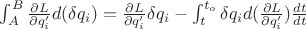 $\int_{A}^{B}{\frac {\partial L} {\partial q'_i}d(\delta q_i)}=\frac {\partial L} {\partial q'_i}\delta q_i-\int_{t}^{t_o}{\delta q_i d(\frac {\partial L} {\partial q'_i})\frac {dt} {dt}}$