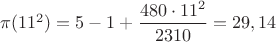 $ \pi(11^2)=5-1+\dfrac {480 \cdot 11^2}{2310}=29,14$