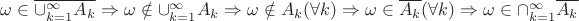 $\omega\in\overline{\cup\limits_{k=1}^{\infty} A_k}\Rightarrow\omega\notin\cup\limits_{k=1}^{\infty} A_k\Rightarrow\omega\notin A_k(\forall k)\Rightarrow\omega\in\overline{A_k}(\forall k)\Rightarrow\omega\in\cap\limits_{k=1}^{\infty}\overline{A_k}$