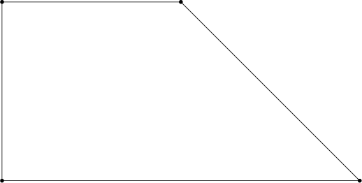 $\begin{tikzpicture}[line cap=round,line join=round,>=triangle 45,x=1.0cm,y=1.0cm]
\clip(3.62,-6.44) rectangle (14.54,-0.6);
\draw (4,-6)-- (4,-1);
\draw (4,-1)-- (9,-1);
\draw (14,-6)-- (4,-6);
\draw (9,-1)-- (14,-6);
\fill [color=black] (4,-6) circle (1.5pt);
\fill [color=black] (4,-1) circle (1.5pt);
\fill [color=black] (14,-6) circle (1.5pt);
\fill [color=black] (9,-1) circle (1.5pt);
\end{tikzpicture}$