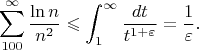 $$\sum_{100}^\infty\frac{\ln n}{n^2}\leqslant\int_1^\infty\frac{dt}{t^{1+\varepsilon}}=\frac1\varepsilon.$$