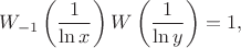 $$W_{-1}\left(\frac{1}{\ln x}\right)W\left(\frac{1}{\ln y}\right)=1,$$