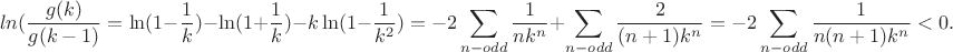 $$ln(\frac{g(k)}{g(k-1)}=\ln(1-\frac 1k)-\ln(1+\frac 1k)-k\ln(1-\frac{1}{k^2})=-2\sum_{n-odd}\frac{1}{nk^n}+\sum_{n-odd}\frac{2}{(n+1)k^n}=-2\sum_{n-odd}\frac{1}{n(n+1)k^n}<0.$$