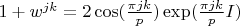 $1+w^{jk} = 2\cos(\frac{\pi jk}p)\exp(\frac{\pi jk}p I)$