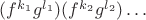 $(f^{k_1}g^{l_1})(f^{k_2}g^{l_2})\ldots$