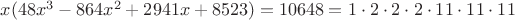 $x(48x^3-864x^2+2941x+8523)=10648=1\cdot 2\cdot 2\cdot 2\cdot 11\cdot 11\cdot 11$