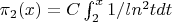 $\pi_2(x)=C\int_{2}^{x}{1/ln^2 t dt}$