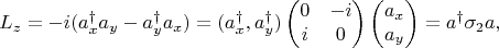 $$
L_z=-i(a_x^\dag a_y-a_y^\dag a_x)=(a_x^\dag,a_y^\dag)\left(\begin{matrix}0&-i\\i&0\end{matrix}\right)\left(\begin{matrix}a_x\\a_y\end{matrix}\right)=a^\dag\sigma_2a,
$$