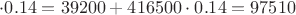 $\cdot 0.14=39200+416500\cdot 0.14=97510$