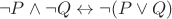 $$\neg P \land \neg Q \leftrightarrow \neg (P \lor Q)$$