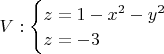 $V:\begin{cases}
z=1-x^2-y^2 \\
z=-3\\
\end{cases}$