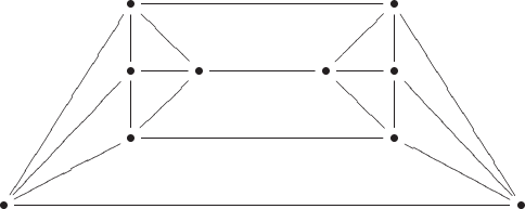 $$\xymatrix{&&{\bullet\ar@{-}[rrrr]\ar@{-}[d]\ar@{-}[dr]}&&&&{\bullet\ar@{-}[d]\ar@{-}[ld]}&&\\
&&{\bullet\ar@{-}[d]}&{\bullet}\ar@{-}[l]\ar@{-}[ld]\ar@{-}[rr]&&{\bullet\ar@{-}[rd]}&{\bullet\ar@{-}[l]\ar@{-}[d]}&&\\
&&{\bullet\ar@{-}[rrrr]}&&&&{\bullet}&&\\
{\bullet\ar@{-}[rru]\ar@{-}[rruu]\ar@{-}[rruuu]\ar@{-}[rrrrrrrr]}&&&&&&&&{\bullet\ar@{-}[llu]\ar@{-}[lluu]\ar@{-}[lluuu]}}$$