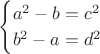 $$
\begin{cases}
a^2-b=c^2 \\
b^2-a=d^2 
\end{cases}
$$