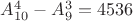$A^4_{10} - A^3_9 = 4536$ $A^4_{10} - A^3_9 = 4536$
