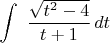 $$\int \ \frac {\sqrt {t^2 -4}}{t+1}\,dt$$