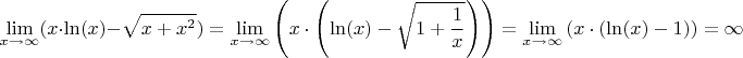 $$\lim\limits_{x \to \infty} (x \cdot \ln(x) - \sqrt{x+x^2}) = \lim\limits_{x \to \infty} \left(x \cdot \left(\ln(x) - \sqrt{1+\frac{1}{x}}\right)\right) =  \lim\limits_{x \to \infty} \left(x \cdot (\ln(x) - 1)\right) = \infty$$