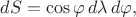 $dS=\cos \varphi \, d\lambda\,d\varphi,$