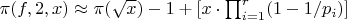 $\pi(f,2,x) \approx \pi(\sqrt{x})-1+[x \cdot \prod_{i=1}^{r}(1-1/p_i)]$