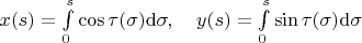 $x(s)=\int\limits_0^s\cos\tau(\sigma)\mathrm{d}\sigma,\quad
y(s)=\int\limits_0^s\sin\tau(\sigma)\mathrm{d}\sigma$
