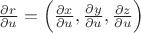 $\frac{\partial r}{\partial u}=\left(\frac{\partial x}{\partial u}, \frac{\partial y}{\partial u}, \frac{\partial z}{\partial u}\right)$