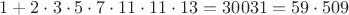 $1 + 2 \cdot 3 \cdot 5 \cdot 7 \cdot 11 \cdot 11 \cdot 13 = 30031 = 59 \cdot 509$