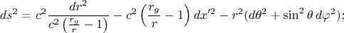 $$ds^2=c^2\frac{dr^2}{c^2\left(\frac{r_g}r-1\right)}-c^2\left(\frac{r_g}r-1\right)dx'^2-r^2(d\theta^2+\sin^2\theta\,d\varphi^2);$$