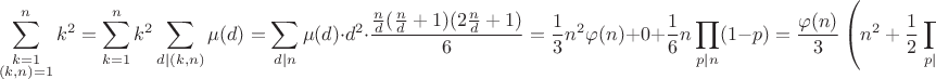 $$\sum_{\substack{k=1\\(k,n)=1}}^nk^2=\sum_{k=1}^nk^2\sum_{d|(k,n)}\mu(d)=\sum_{d| n}\mu(d)\cdot d^2\cdot\frac{\frac nd(\frac nd+1)(2\frac nd+1)}6=\frac13n^2\varphi(n)+0+\frac16n\prod_{p|n}(1-p)=\frac{\varphi(n)}3\left(n^2+\frac12\prod_{p|n}(-p)\right)$$