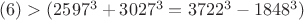 $(#6)>(2597^3+3027^3=3722^3-1848^3)$