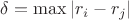 $\delta=\max|r_i-r_j|$