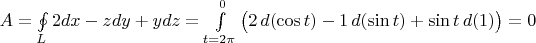 $A = \oint\limits_{L} 2 dx -z dy + y dz = \int\limits_{t=2 \pi}^{0} \big( 2\,d(\cos t) -1\,d(\sin t)+\sin t\,d(1)\big)=0$
