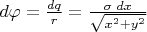 $d\varphi=\frac{dq}{r}=\frac{\sigma\;dx}{\sqrt{x^2+y^2}}$