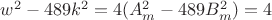$w^2 - 489k^2 = 4(A_m^2 - 489B_m^2) = 4$