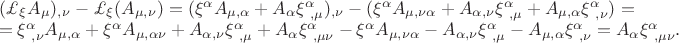 \begin{array}{ll}
    (\pounds_{\xi}A_{\mu})_{,\nu}-\pounds_{\xi}(A_{\mu ,\nu})=(\xi^{\alpha}A_{\mu ,\alpha}+A_{\alpha}\xi^{\alpha}_{\ ,\mu})_{,\nu}-(\xi^{\alpha}A_{\mu ,\nu\alpha}+A_{\alpha ,\nu}\xi^{\alpha}_{\ ,\mu}+A_{\mu ,\alpha}\xi^{\alpha}_{\ ,\nu})=\\
    =\xi^{\alpha}_{\ ,\nu}A_{\mu ,\alpha}+\xi^{\alpha}A_{\mu ,\alpha\nu}+A_{\alpha ,\nu}\xi^{\alpha}_{\ ,\mu}+A_{\alpha}\xi^{\alpha}_{\ ,\mu\nu}-\xi^{\alpha}A_{\mu ,\nu\alpha}-A_{\alpha ,\nu}\xi^{\alpha}_{\ ,\mu}-A_{\mu ,\alpha}\xi^{\alpha}_{\ ,\nu}=A_{\alpha}\xi^{\alpha}_{\ ,\mu\nu}.
    \end{array}