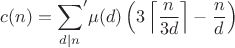 $$c(n)={\sum_{d|n}}'\mu(d)\left(3\left\lceil\frac n{3d}\right\rceil-\frac nd\right)$$