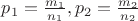 $p_1=\frac{m_1}{n_1}, p_2 = \frac{m_2}{n_2}$