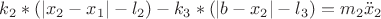 $k_2 * ( |x_2-x_1| - l_2 ) - k_3 * ( |b-x_2| - l_3 ) = m_2\ddot x_2$