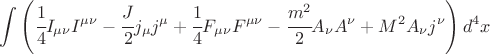 $$ \int \left( \cfrac14 I_{\mu\nu} I^{\mu \nu} - \cfrac{J}{2} j_\mu j^\mu + \cfrac14 F_{\mu\nu} F^{\mu\nu} - \cfrac{m^2}{2} A_\nu A^\nu + M^2 A_\nu j^\nu  \right) d^4 x $$