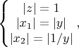 $\left\{\begin{matrix}
\left | z \right |=1 \\ 
\left | x_1 \right |=\left | y \right |\\ 
\left | x_2 \right |=\left | 1/y \right |
\end{matrix}\right.,$