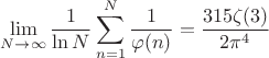 $$\lim_{N\to\infty}\frac1{\ln N}\sum_{n=1}^N\frac1{\varphi(n)}=\frac{315\zeta(3)}{2\pi^4}$$