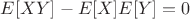 $E[XY]-E[X]E[Y]=0$