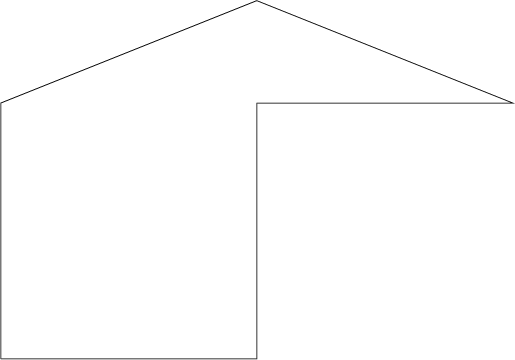 $\begin{tikzpicture}\draw (0,0)--(5,0)--(5,5)--(10,5)--(5,7)--(0,5)--(0,0);\end{tikzpicture}$