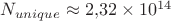$N_{unique} \approx 2{,}32 \times 10^{14}$ $N_{unique} \approx 2{,}32 \times 10^{14}$