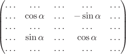 $$
\begin{pmatrix}
\ldots & \ldots & \ldots & \ldots & \ldots \\ 
\ldots & \cos \alpha & \ldots & -\sin \alpha & \ldots \\ 
\ldots & \ldots & \ldots & \ldots & \ldots \\ 
\ldots & \sin \alpha & \ldots & \cos \alpha & \ldots \\ 
\ldots & \ldots & \ldots & \ldots & \ldots
\end{pmatrix} 
$$