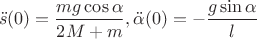 $$\ddot s(0)=\frac{mg\cos\alpha}{2M+m},\ddot \alpha(0)=-\frac{g\sin\alpha}{l}$$