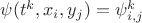 $\psi(t^k,x_i,y_j) = \psi_{i,j}^k$