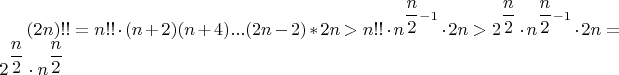 $\left(2n\right)!!=n!!\cdot(n+2)(n+4)...(2n-2)*2n>n!!\cdot n^{\dfrac{n}{2}-1}\cdot 2n>2^{\dfrac{n}{2}}\cdot n^{\dfrac{n}{2}-1}\cdot 2n=2^{\dfrac{n}{2}}\cdot n^{\dfrac{n}{2}}$