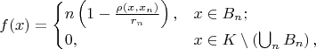 $$f(x)=\begin{cases}n\left(1-\frac{\rho(x,x_n)}{r_n}\right),&x\in B_n;\\0,&x\in K\setminus\left(\bigcup_nB_n\right),\end{cases}$$