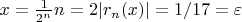 $x=\frac{1}{2^{n}} n=2 |r_n(x)|=1/17=\varepsilon$