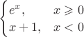$\begin{cases}e^x,&x\geqslant 0\\x+1,&x<0\end{cases}$