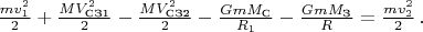 $\frac{mv_1^2}{2}+\frac{MV_{\text{СЗ1}}^2}{2} -\frac{MV_{\text{СЗ2}}^2}{2} - \frac{GmM_{\text{С}}}{R_1} - \frac{GmM_{\text{З}}}{R} = \frac{mv_2^2}{2} \, .$